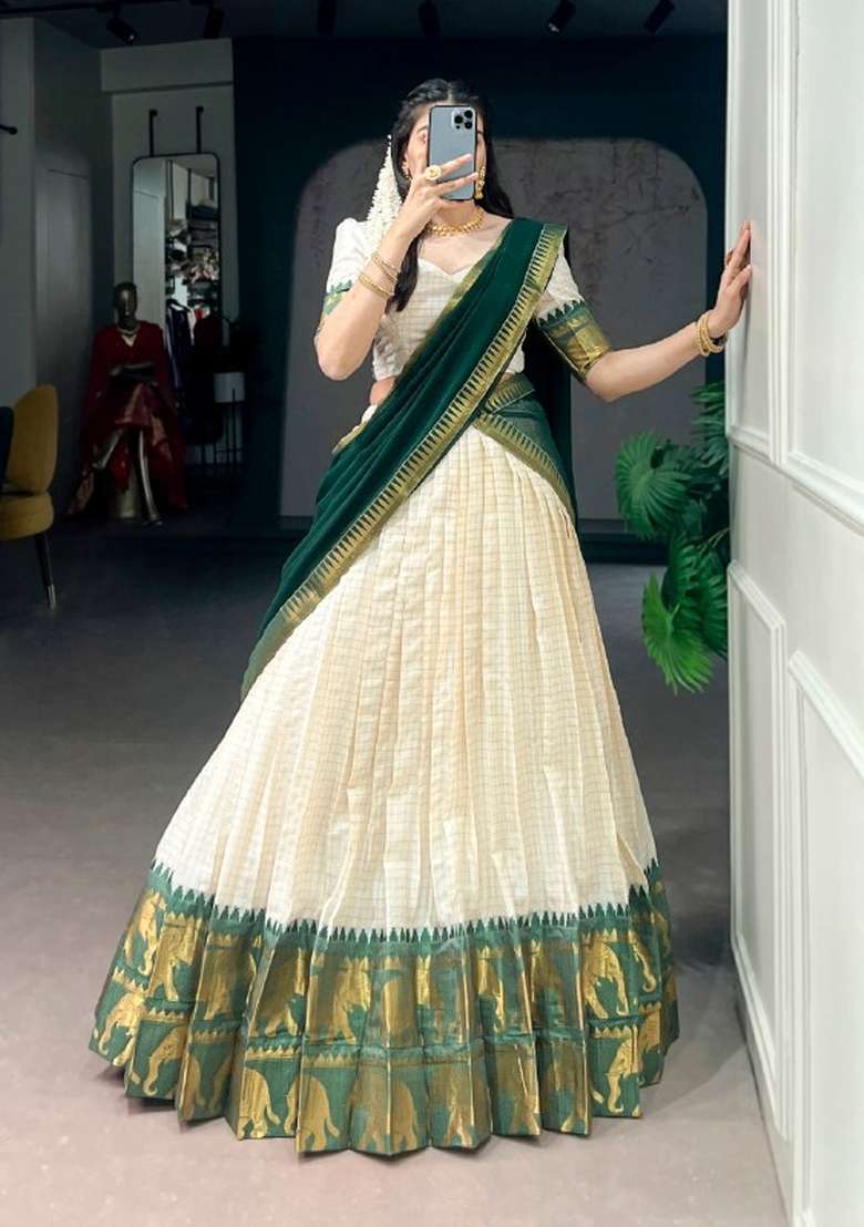 Green Zari Work Cotton Lehenga Set for Diwali and Festive Wear - Indya