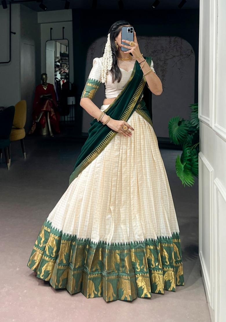 Green Zari Work Cotton Lehenga Set - Indya