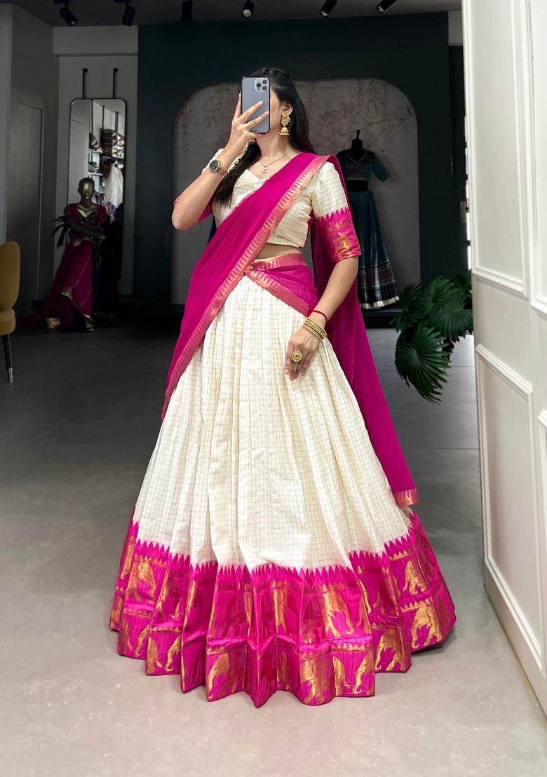 Pink Zari Work Cotton Lehenga Set - Indya