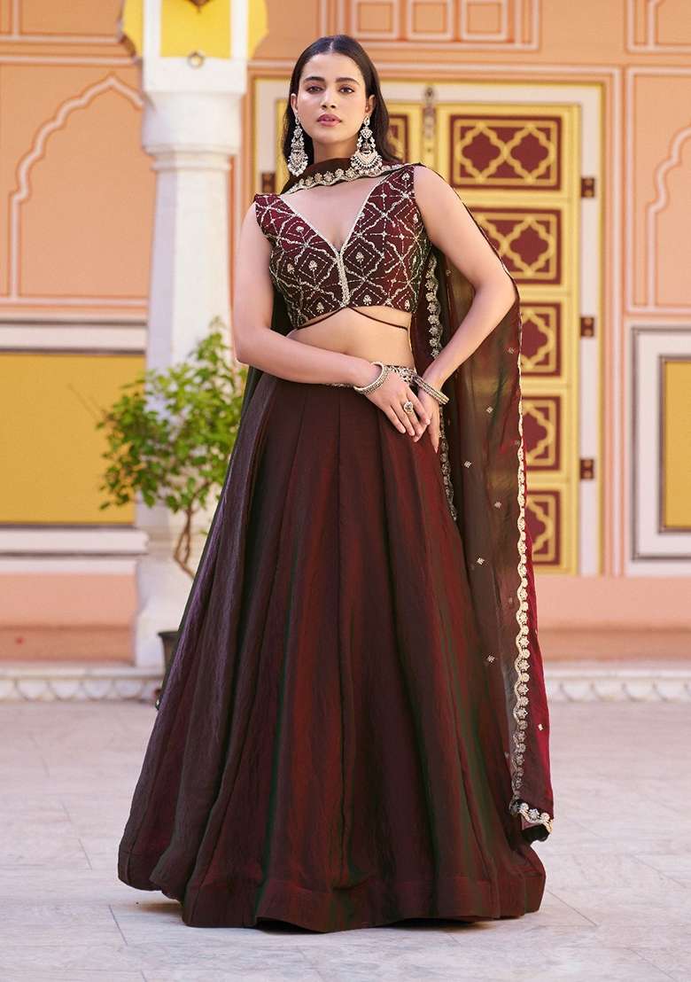 Maroon Embroidered Fendi Lehenga Set for Diwali and Festive Wear - Indya