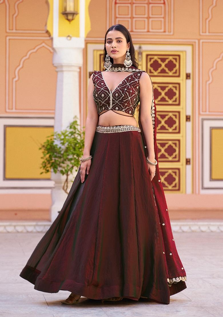 Maroon Embroidered Fendi Lehenga Set - Indya