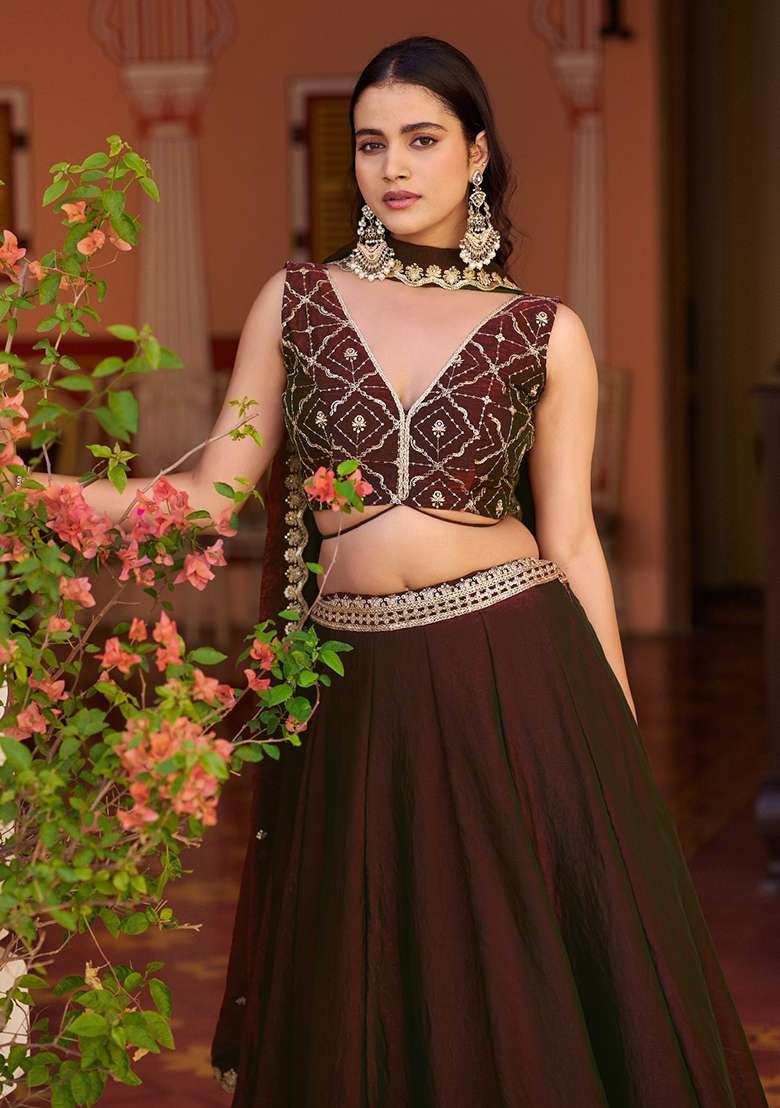 Maroon Embroidered Fendi Lehenga Set for Diwali and Festive Wear - Indya