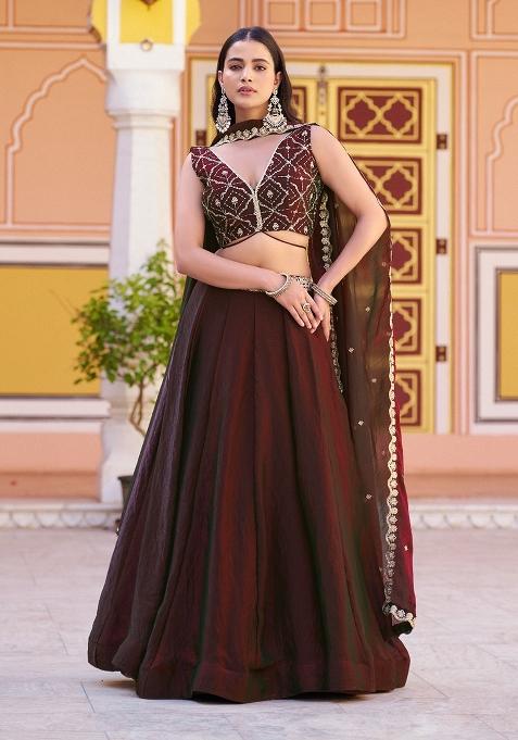 Maroon Embroidered Fendi Lehenga Set
