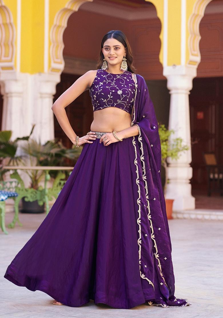 Purple Embroidered Fendi Lehenga Set - Indya