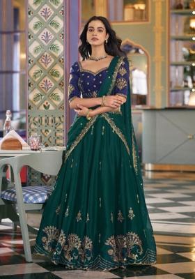 Green Embroidered Silk Blend Lehenga Set