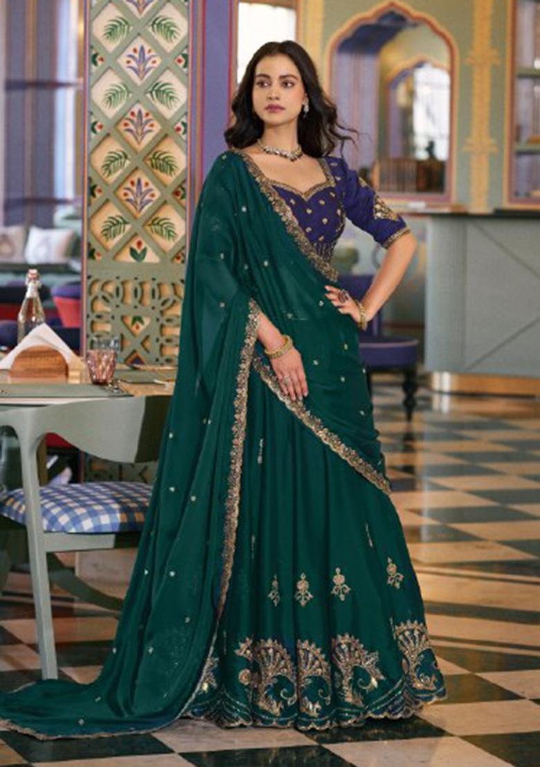 Green Embroidered Silk Blend Lehenga Set - Indya
