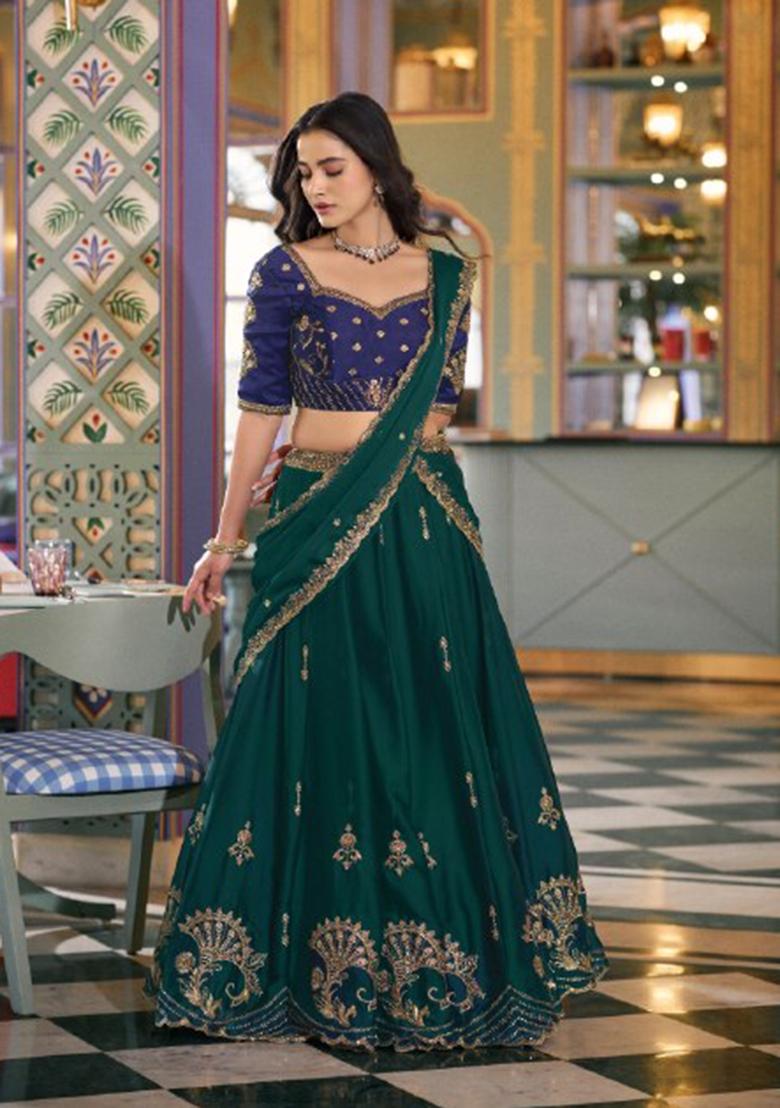 Green Embroidered Silk Blend Lehenga Set - Indya