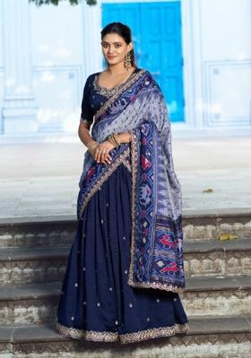 Blue Embroidered Silk Blend Lehenga Set