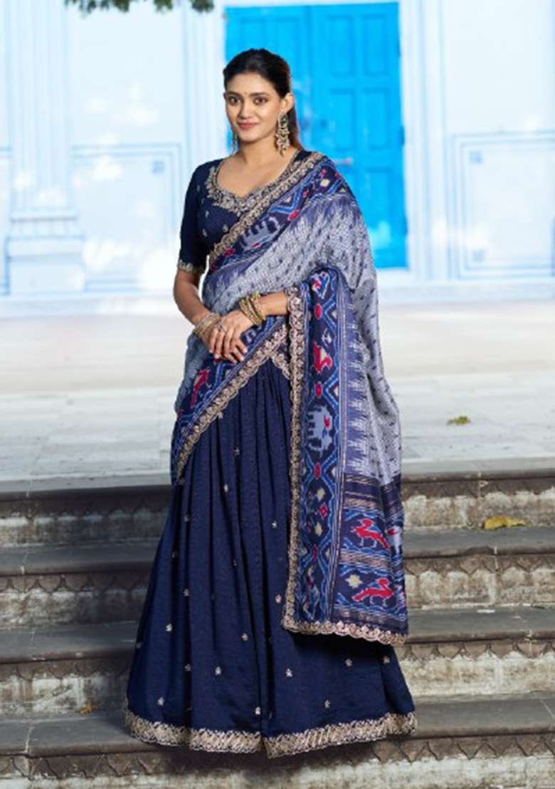 Blue Silk Blend Lehenga Set with Embroidered for Diwali | Wedding & Festive Wear - Indya