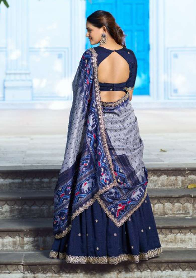 Blue Silk Blend Lehenga Set with Embroidered for Diwali | Wedding & Festive Wear - Indya