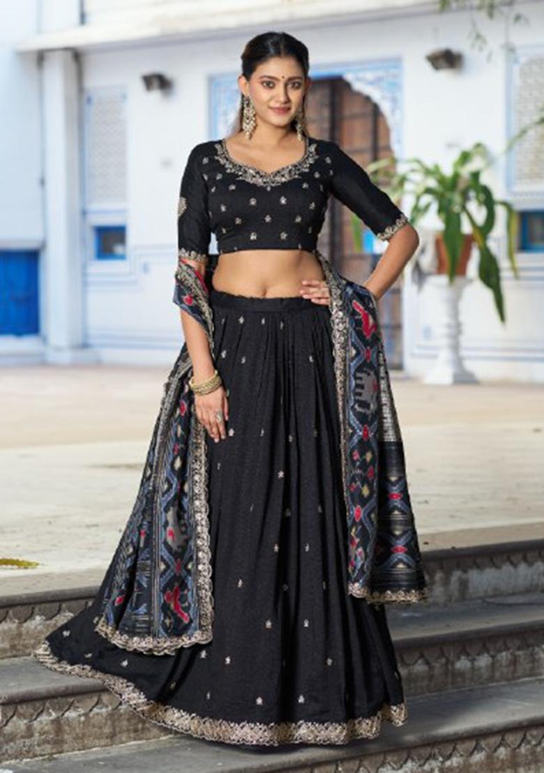 Black Embroidered Silk Blend Lehenga Set - Indya
