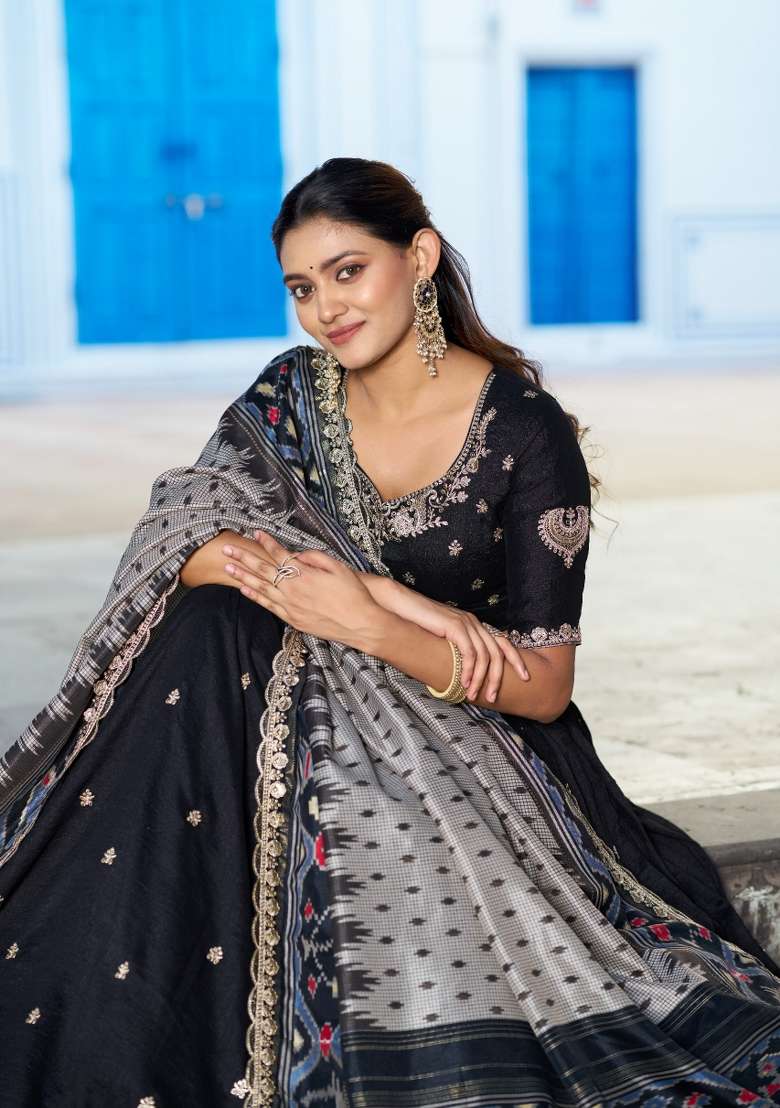 Black Silk Blend Lehenga Set with Embroidered for Diwali | Wedding & Festive Wear - Indya