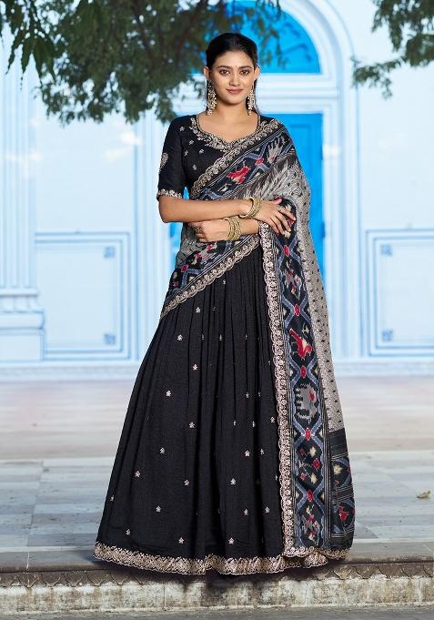 Black Embroidered Silk Blend Lehenga Set