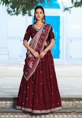 Maroon Embroidered Silk Blend Lehenga Set