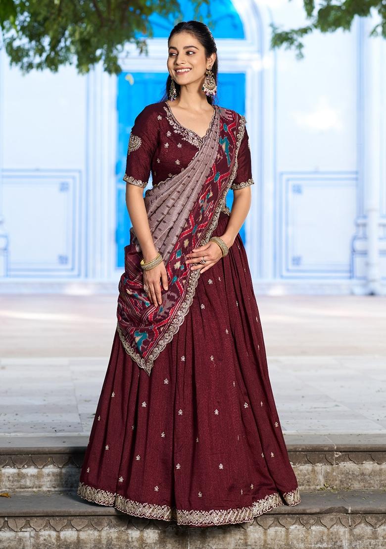 Maroon Embroidered Silk Blend Lehenga Set - Indya