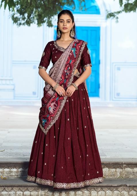 Maroon Embroidered Silk Blend Lehenga Set