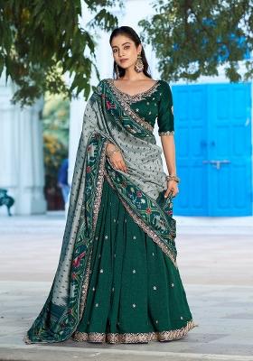 Green Embroidered Silk Blend Lehenga Set