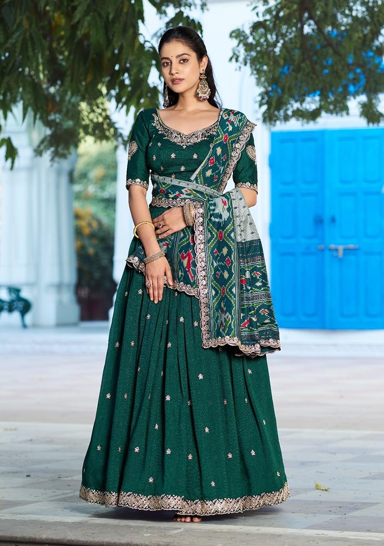 Green Embroidered Silk Blend Lehenga Set - Indya