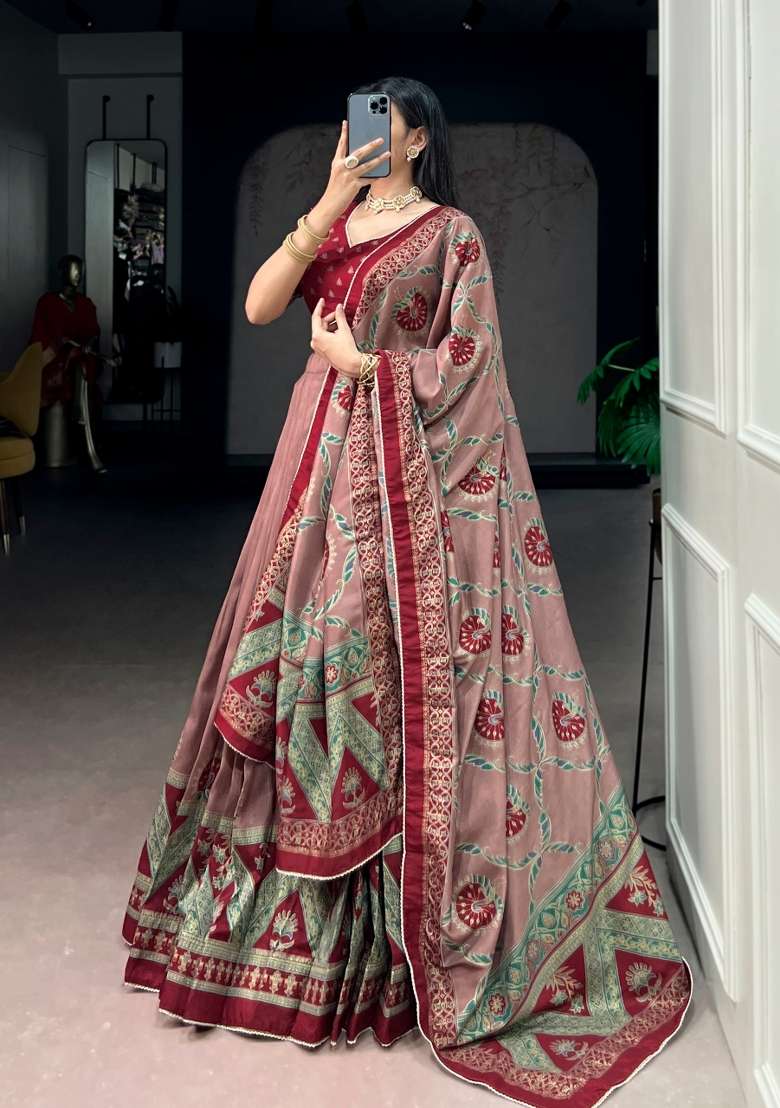 Maroon Printed Silk Blend Lehenga Set for Diwali and Festive Wear - Indya