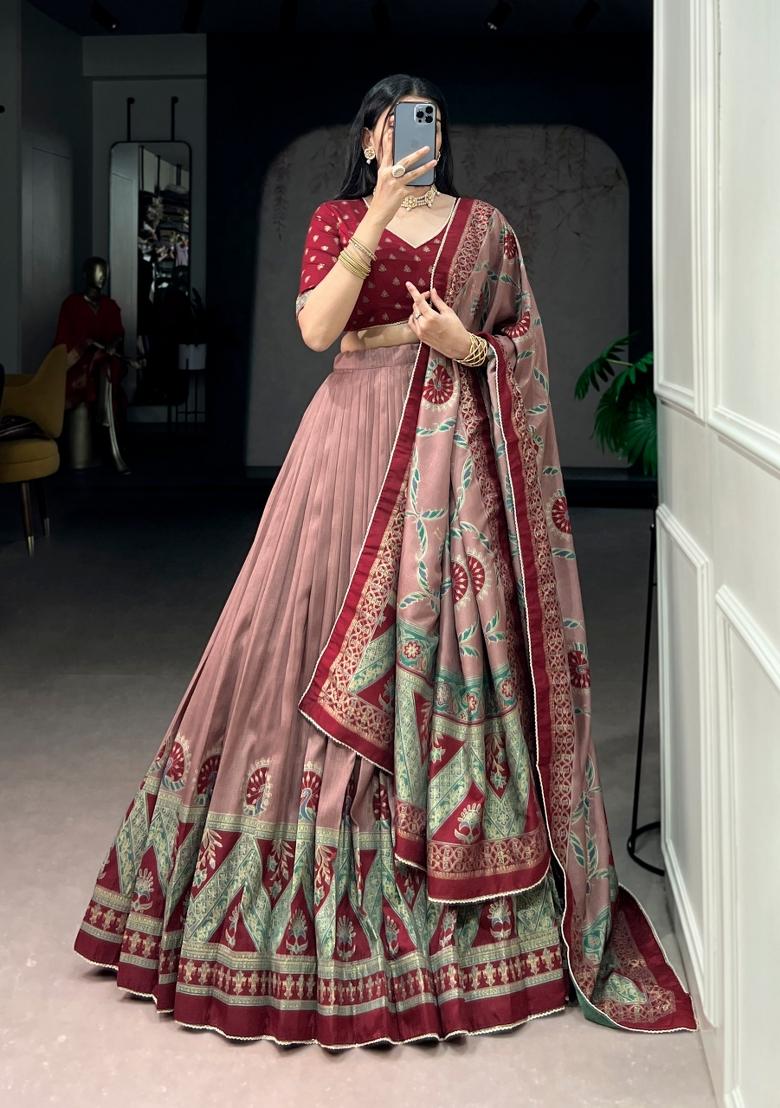 Maroon Printed Silk Blend Lehenga Set - Indya