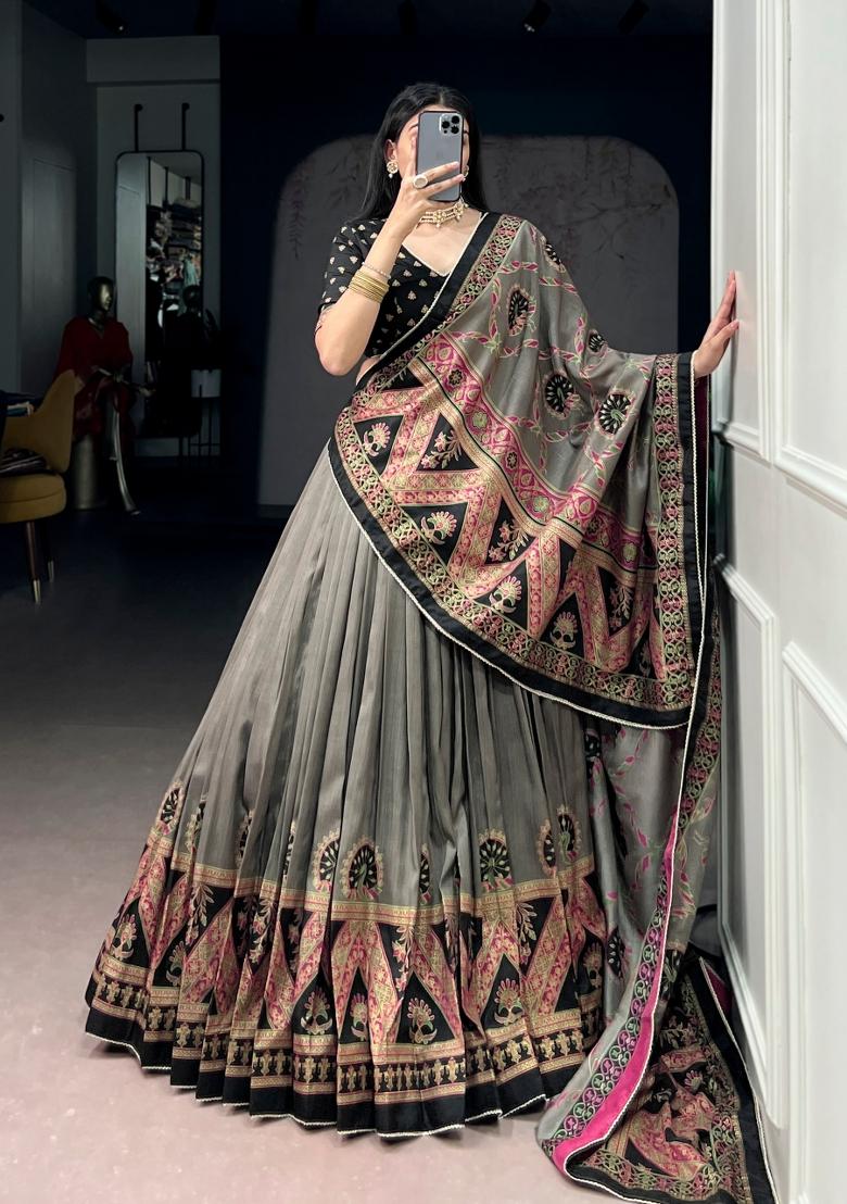Black Printed Silk Blend Lehenga Set - Indya