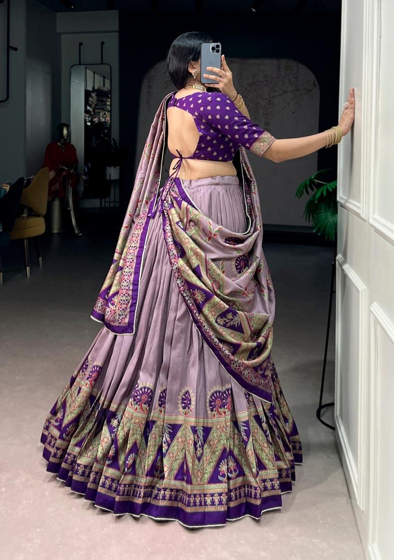 Purple Printed Silk Blend Lehenga Set - Indya