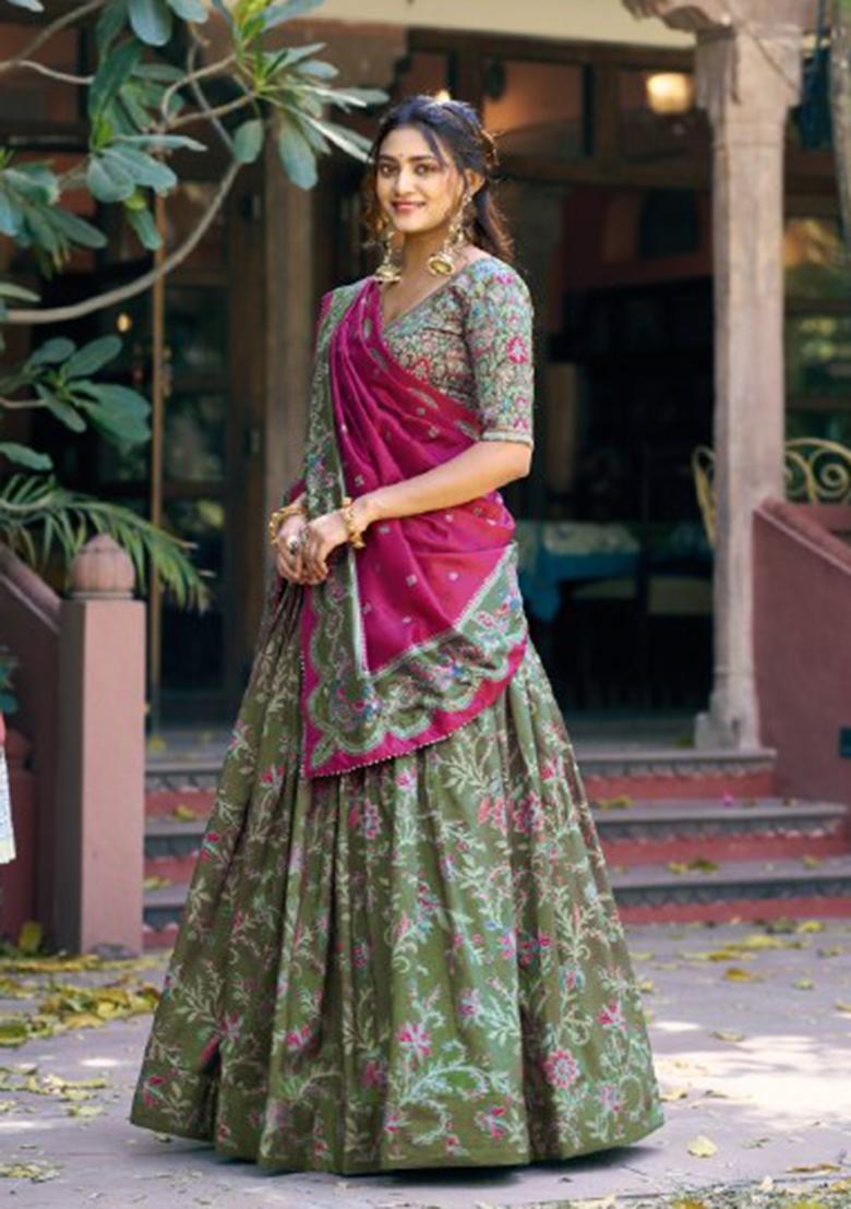 Green Printed Silk Blend Lehenga Set - Indya