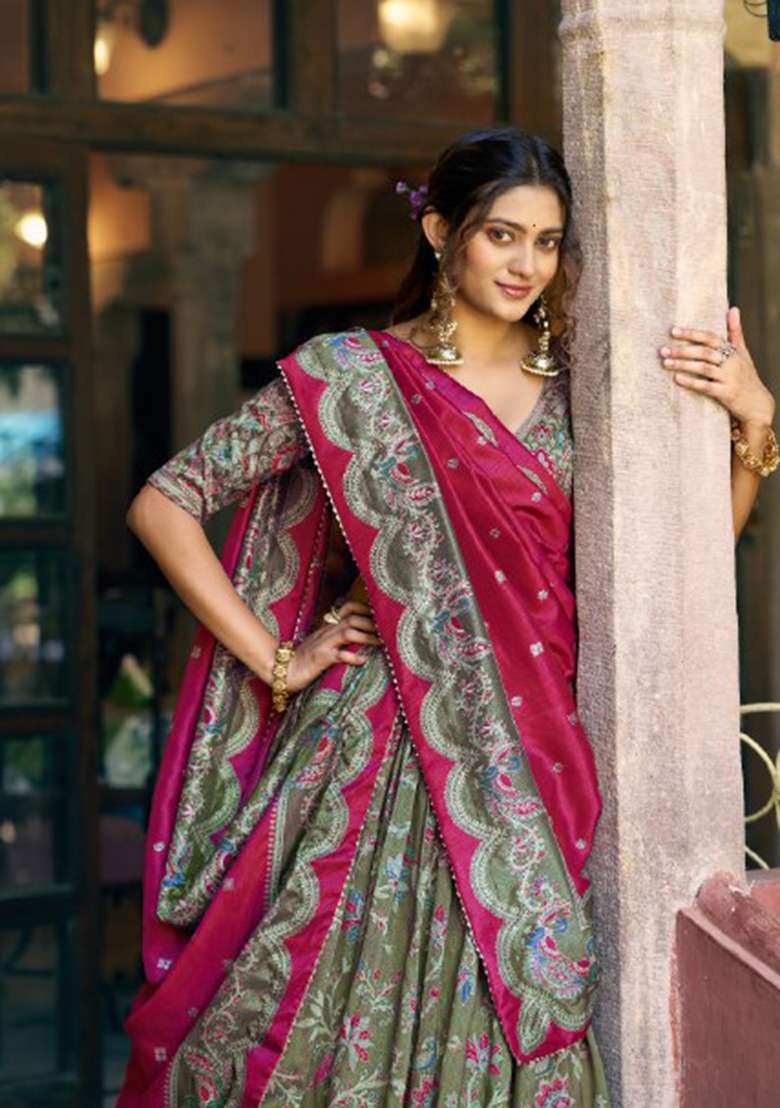 Green Printed Silk Blend Lehenga Set - Indya