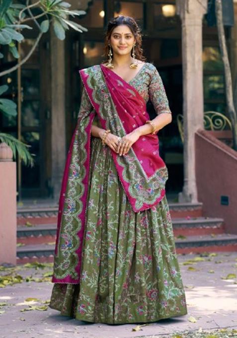 Green Printed Silk Lehenga Set