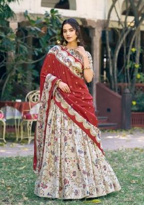Off White Printed Silk Blend Lehenga Set