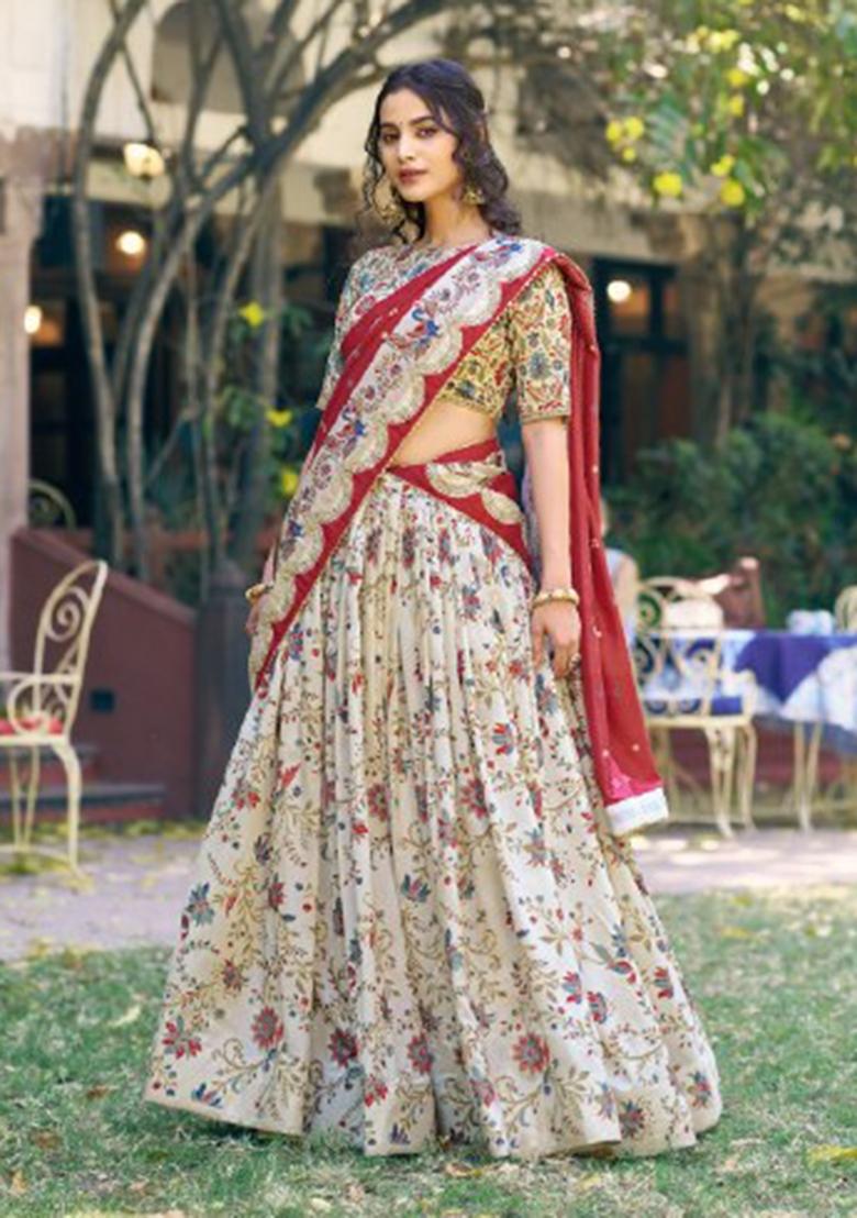 Off White Printed Silk Blend Lehenga Set - Indya