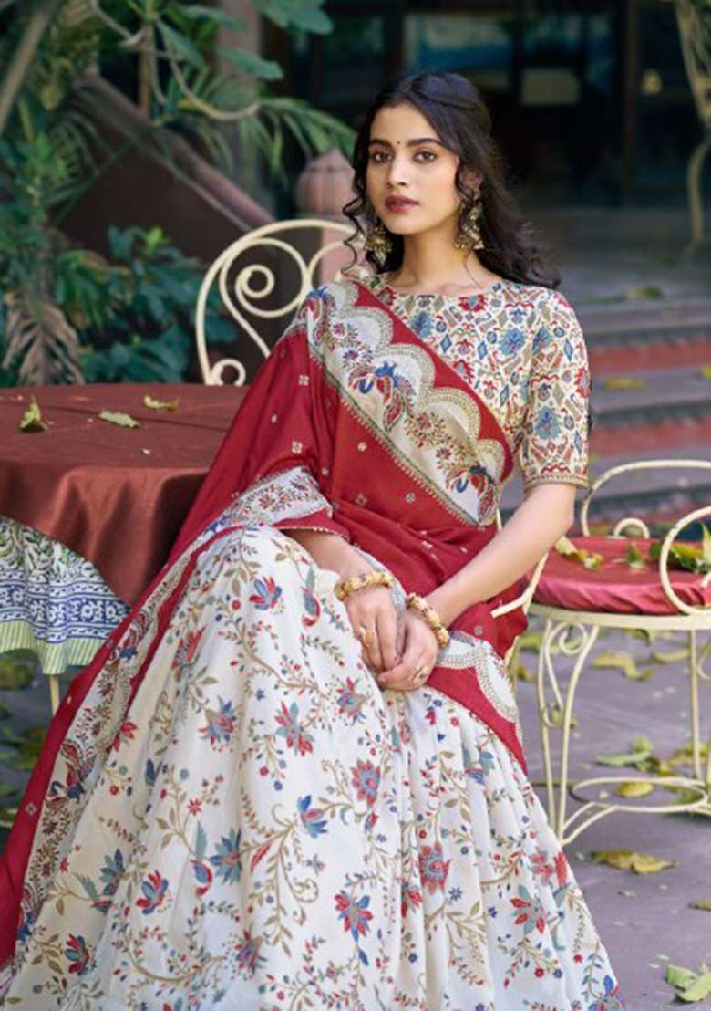 Off White Printed Silk Blend Lehenga Set - Indya