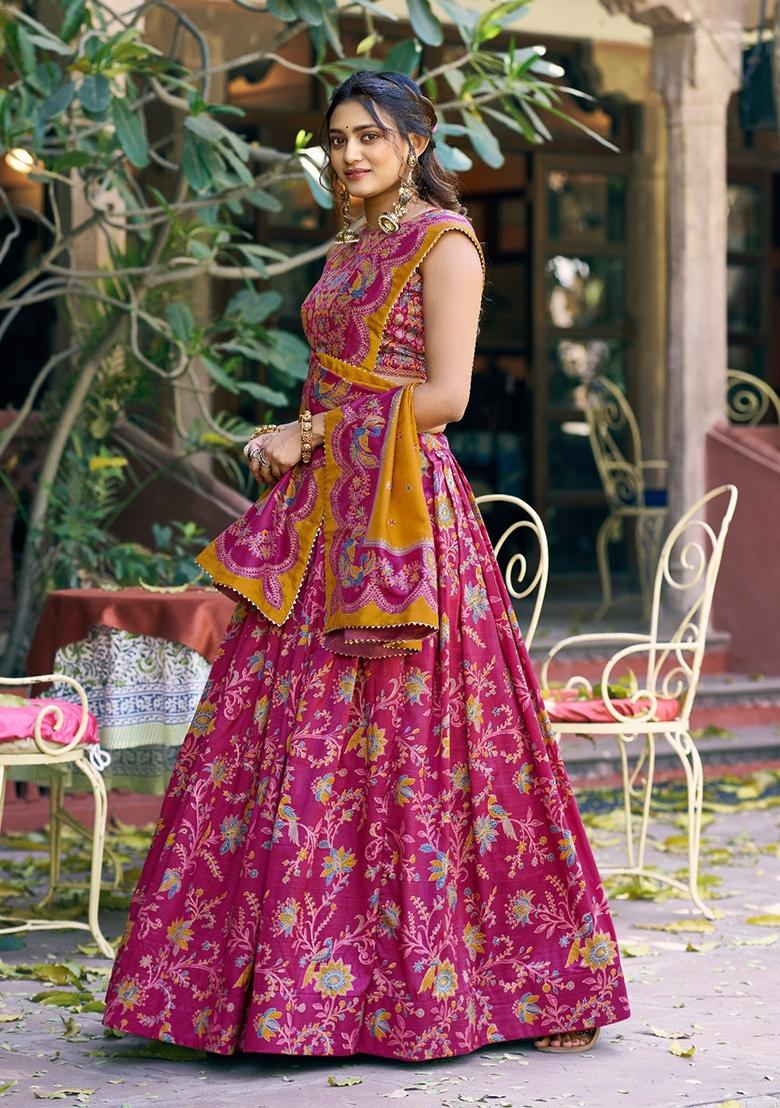 Pink Printed Silk Blend Lehenga Set - Indya