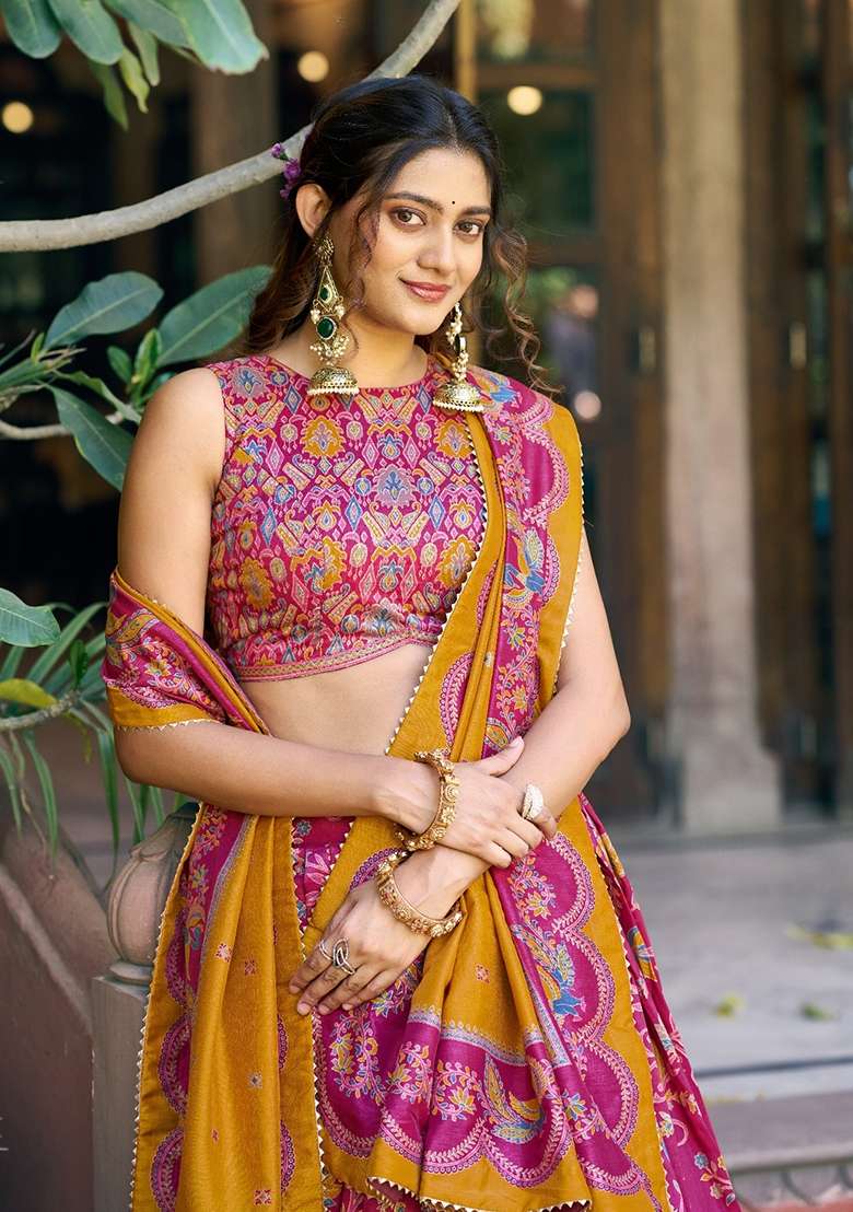 Pink Printed Silk Blend Lehenga Set - Indya