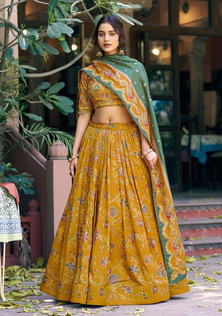 Mustard Printed Silk Blend Lehenga Set - Indya