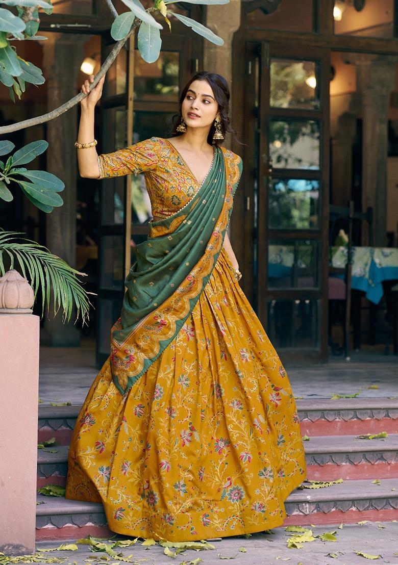 Mustard Printed Silk Blend Lehenga Set - Indya