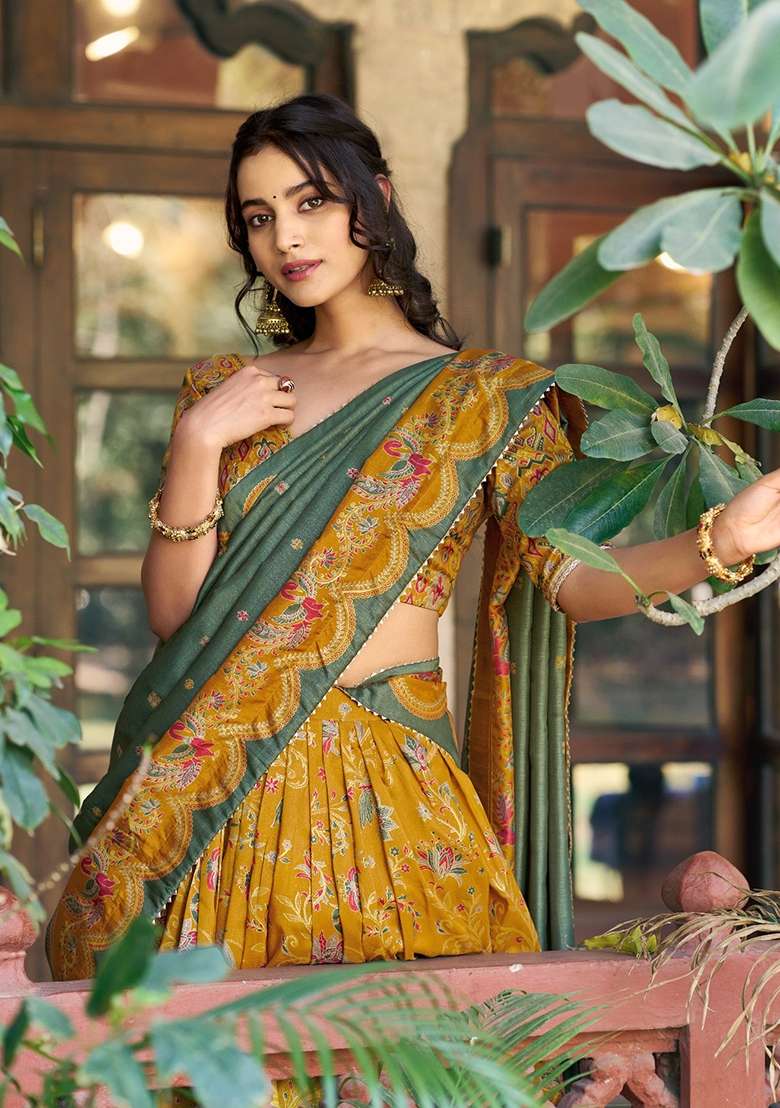 Mustard Printed Silk Blend Lehenga Set - Indya