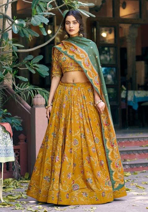 Mustard Printed Silk Blend Lehenga Set