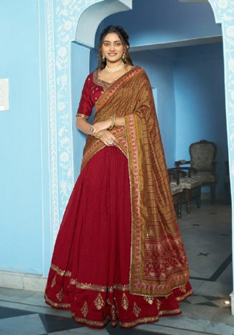 Maroon Embroidered Silk Lehenga Set