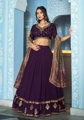 Purple Embroidered Silk Blend Lehenga Set