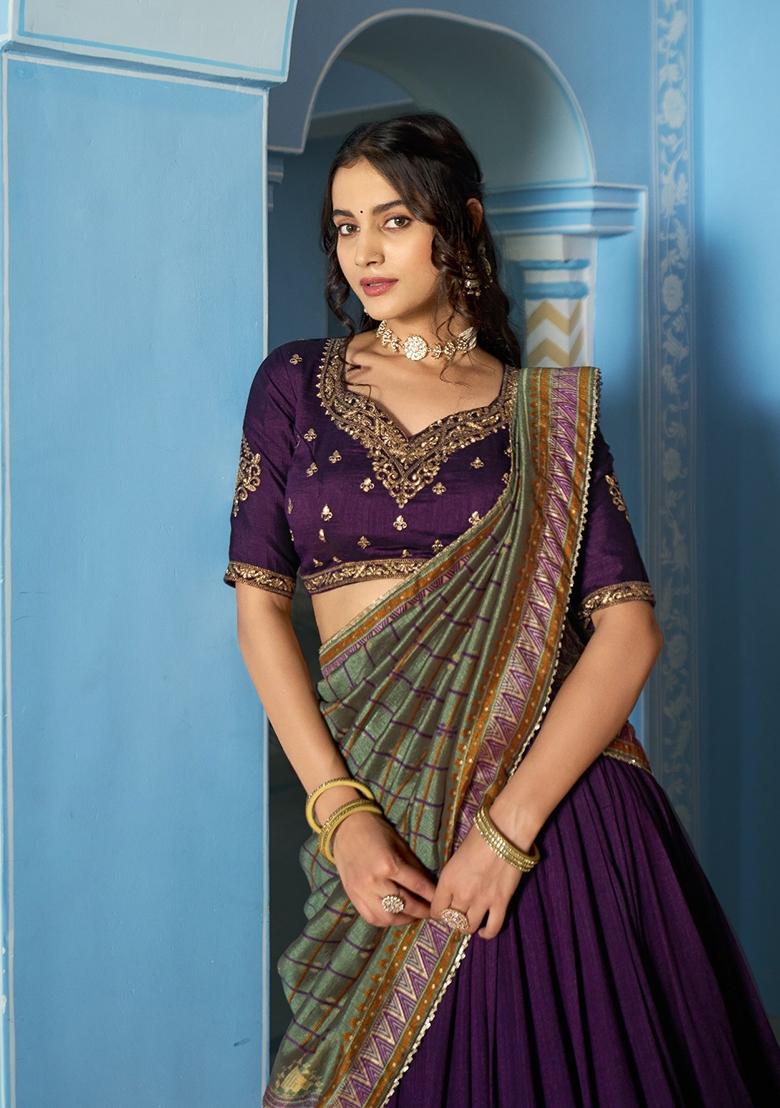 Purple Embroidered Silk Blend Lehenga Set - Indya