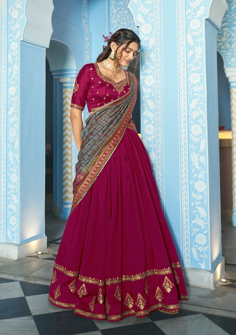 Pink Embroidered Silk Blend Lehenga Set - Indya