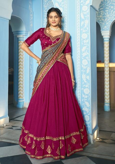 Pink Embroidered Silk Lehenga Set