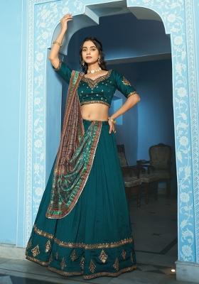 Teal Embroidered Silk Blend Lehenga Set