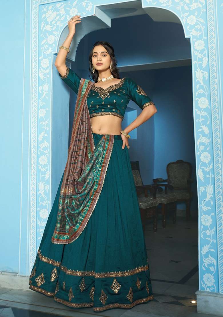 Teal Embroidered Silk Blend Lehenga Set for Diwali and Festive Wear - Indya