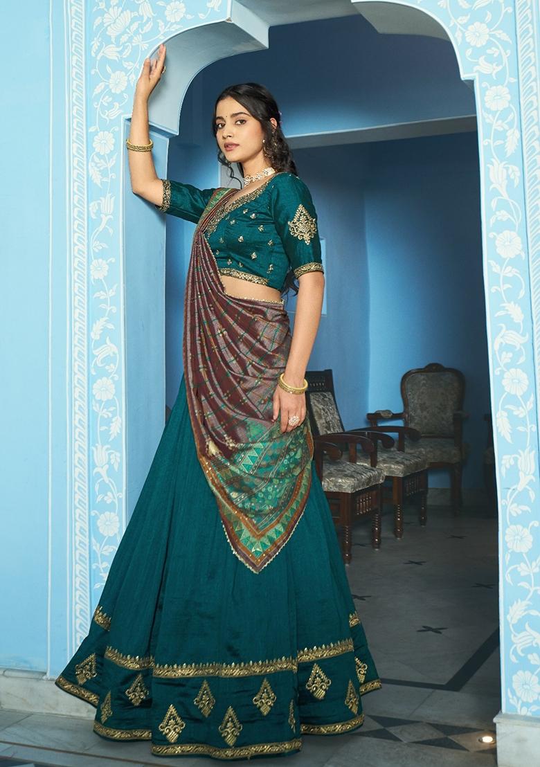 Teal Embroidered Silk Blend Lehenga Set - Indya