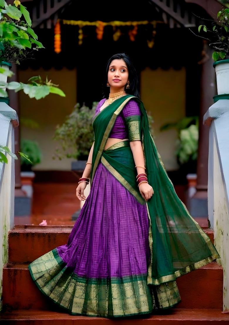 Purple Zari Work Dola Chex Lehenga Set - Indya