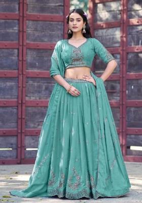 Blue Embroidered Georgette Lehenga Set