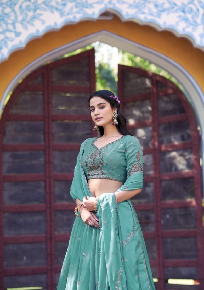 Blue Embroidered Georgette Lehenga Set - Indya