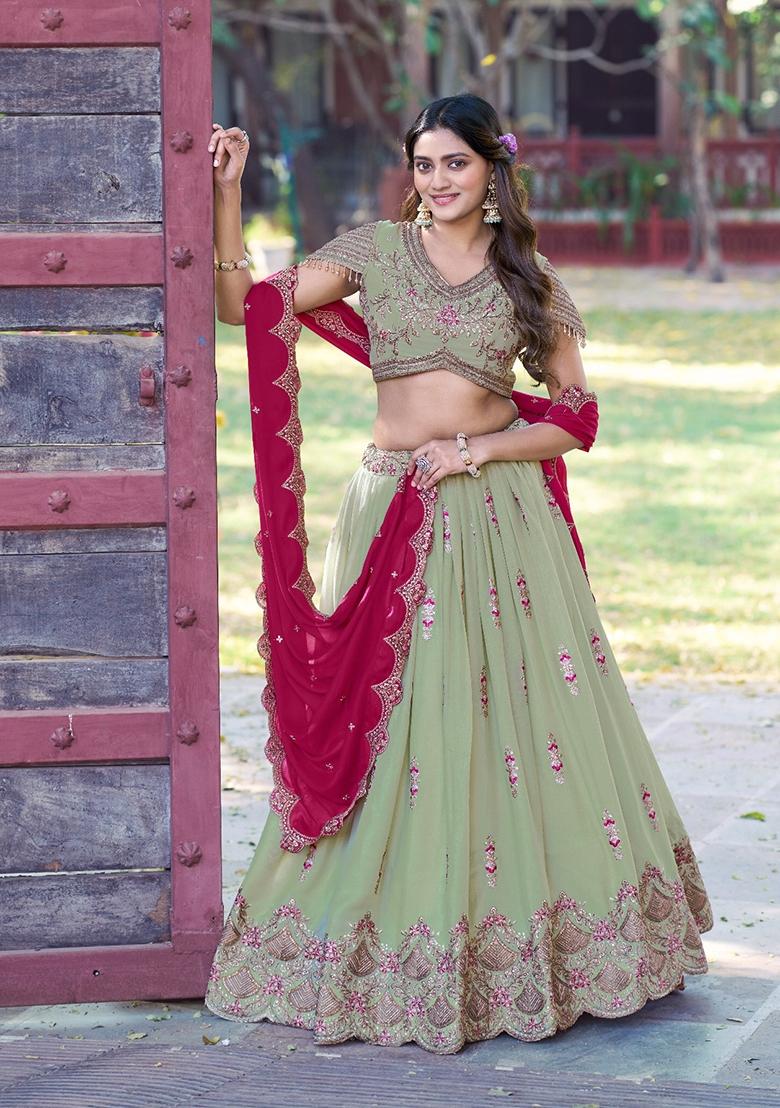 Pista Embroidered Georgette Lehenga Set - Indya